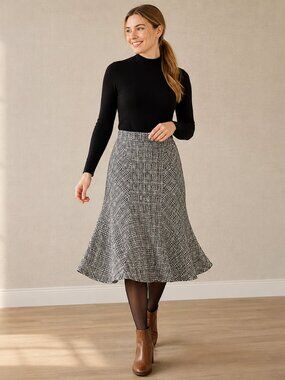 YZZA Houndstooth Print Black & White Flare Midi Skirt Elastic Waist Small